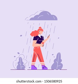 Woman in depression. Sad female character standing under the rain. Overcast weather. Emotions. Solitude concept. Flat vector illustration. School stress, anxious introvert teen, lonely bullying abused