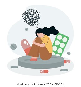 Woman with depression sitting on big pill. Girl have problems with mental health, ADHD. Lady fighting anxiety with antidepressants and hormonal drugs. Psychological healthcare. Vector illustration