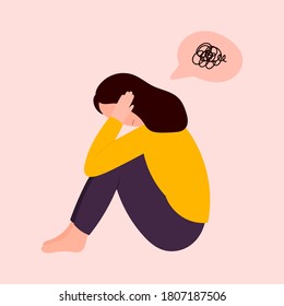  Woman In Depression Sitting On The Floor. Depressed Teenager. Character Illustration. Sad,lonely Woman.