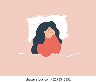 Woman in depression suffers from insomnia at night. Girl with sleep disorder covers face and has confused thoughts on the bed. Concept of sleeplessness, nightmare, mental health illness. Vector stock