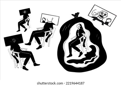 Woman in depression. susceptibility to propaganda. Feelings of guilt, fear, despair, being driven into a corner. Black and white vector illustration isolated on white background.
