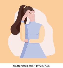  Woman with depression and various mental health problems. Sad young woman crying and holding her head. vector cartoon flat illustration