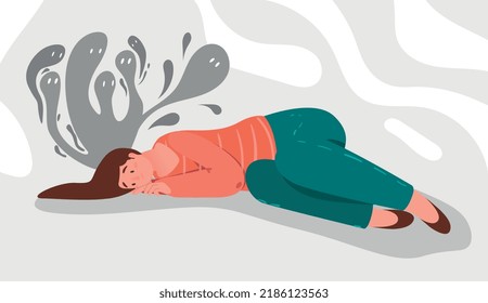 Woman in depression. Young girl lies and does not want to do anything. Emotional burnout and loss of strength, horrors and fears, panic and stress, mental illness. Cartoon flat vector illustration