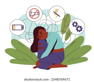 Mulher em depressão. Menina senta-se com baixos níveis de energia. Problemas mentais e psicológicos. Fadiga, enxaqueca e cefaleia. Ilustração de vetor plano isolada no plano de fundo branco