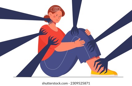 Woman with depression. Young sad girl sits next to silhouettes of hands. Frustration, paranoia and schizophrenia. Mental problems and psychological disorders. Cartoon flat vector illustration