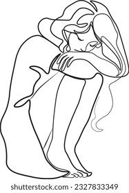 Woman in depression  A young sad girl sits   unhappily hugs her knees  one line drawing