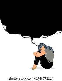 Woman with depressive thinking. Cartoon unhappy girl with confusion in brain, concept of anxious feeling, vector illustration of sadness character isolated on white background