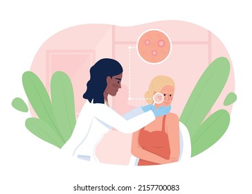 Woman at dermatologist appointment 2D vector isolated illustration. Doctor and patient flat characters on cartoon background. Cosmetology colourful scene for mobile, website, presentation