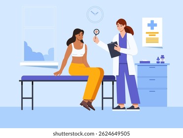 Dermatologista mulher examina pele em paciente para ajudar a se livrar da erupção cutânea. Mulher consulta o Doutor. Ilustração de vetor plano colorido.
