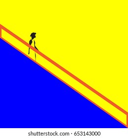 A woman descends a stairway in a minimalist illustration.