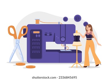 Woman design clothes concept. Young girl near sweing machine with scissors and mannequin. Workshop and studio, creativity and art. Seamstress or atelier. Cartoon flat vector illustration