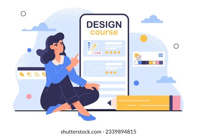 Woman with design online course concept. Young girl near smartphone and large pencil. Graphic design courses. Freelancer and remote worker with mobile app. Cartoon flat vector illustration