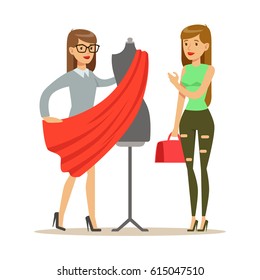 Woman And Designer Choosing Fabric For Dress , Part Of People Using Tailoring And Design Professional Service Set Of Vector Illustrations