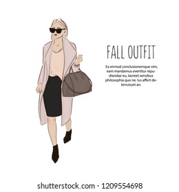 Woman in designer clothes sketch. Trendy fashion outfit. Model girl wearing blouse, coat, skirt and hight heels cute illustration. Vector magazine hand drawn print. Business Style graphics.