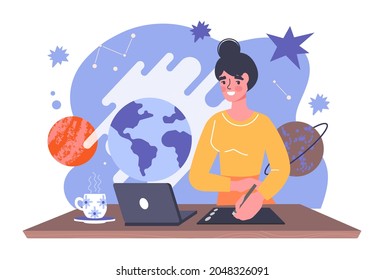 Woman designer concept. Female character draws on graphic tablet and drinks coffee. Person looking for inspiration for creativity. Cartoon modern flat vector illustration isolated on white background