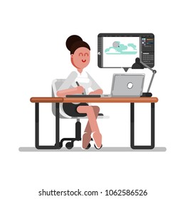 Woman designer doing illustration on tablet