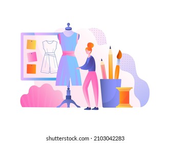 Woman designer dress. Girl puts finished dress on mannequin. Fashionable clothes, modern style. Fitting room, work evaluation. Character with pencils and brushes. Cartoon flat vector illustration
