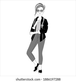 
Woman designer fashion designer with short haircut and centimeter meter on neck, young seamstress specialist, vector image in doodle style, hand draw, isolate on white background.
