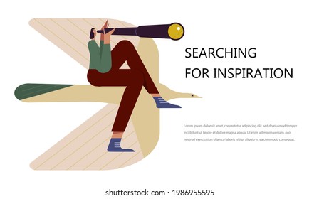 Woman designer flying on bird. Creative or educational process banner, ad, landing page or poster for web design studio, startup or courses. Generating ideas, imagination, inspiration concept.