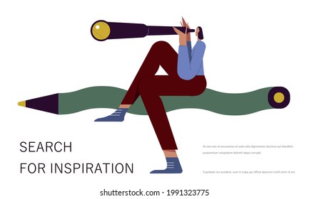 Woman designer flying on pencil. Creative or educational process banner, ad, landing page or poster for web design studio, startup or courses. Generating ideas, imagination, inspiration concept.