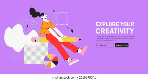 Woman designer flying on pencil . Creative or educational process banner, ad, landing page or poster for web design studio, startup or courses. Generating ideas, imagination, inspiration concept.