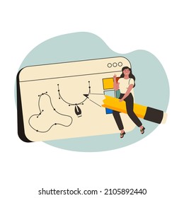 Woman designer flying on pencil. Creative or educational process banner, ad, landing page or poster for web design studio or courses. Generating ideas, imagination, inspiration concept.