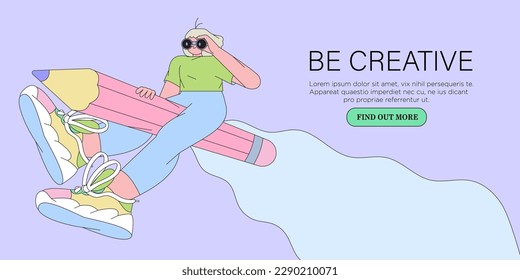 Woman designer flying on pencil . Creative or educational process banner, ad, landing page or poster for web design studio, startup or courses. Generating ideas, imagination, inspiration concept.