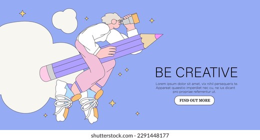 Woman designer flying on pencil . Creative or educational process banner, ad, landing page or poster for web design studio, startup or courses. Generating ideas, imagination, inspiration concept.