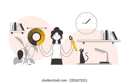 A woman designer holds color wheel in her hands  Line art style  Vector 