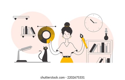 A woman designer holds color wheel in her hands  Linear trendy style  Vector 
