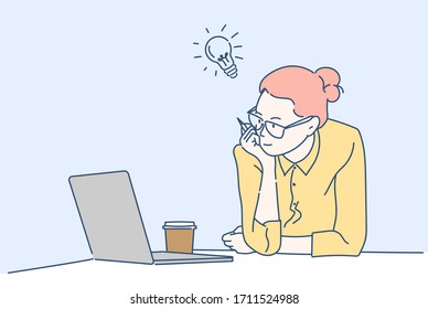 A woman designer looking at the computer laptop at that time new ideas could be created. Conceptual business ideas. Hand drawn in thin line style, vector illustrations.