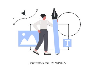 Woman designer making vector illustration. Digital artist with pen tool. Creative or educational process banner. Flat vector isolated on white background.