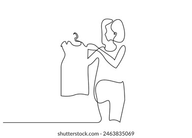woman designer outfit hold store sale look discount business one line art design vector