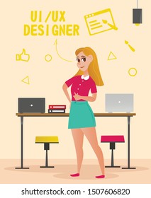Woman Designer in Pink Blouse and Green Skirt on Office Desk Background. Design Studio. Office Interior. Creative Designer. Designer UI UX. Vector Illustration. Design Project. Modern Technology.