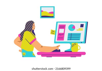 Woman designer or programmer, outsourcer working on the internet standing at the computer monitor, flat cartoon vector illustration isolated on white background.