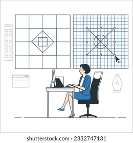 The woman designer sits back and works on her devices. Motion designers and animators working on computer create animation video, flat cartoon vector illustration. Professional motion graphics. 1997