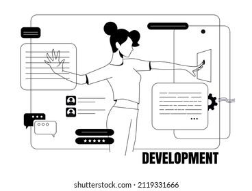 Woman designer working on ui ux design or mobile application. Design and programming banner, web landing page, advertisement. Studio or agency prototyping or coding web page or mobile app. Cms develop