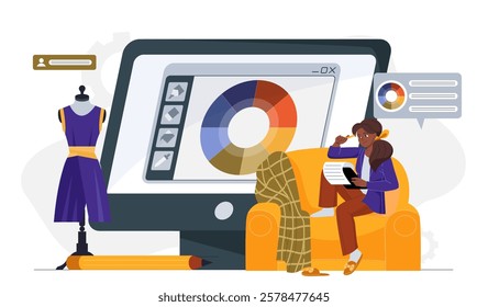 Woman designing clothes with a computer, color palette wheel on screen, mannequin nearby, creative workspace concept. Vector illustration