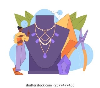 Woman designing jewelry near a mannequin with necklaces, crafting tools, and gems. Bright and colorful style on a white background. Vector illustration