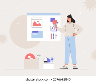 Woman designing new products or improving existing ones. Business brainstorming, UI UX design concept of creating an application. Flat style vector illustration.