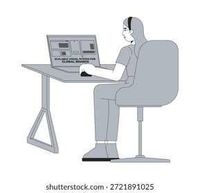 Mujer que diseña con el sistema visual escalable para el carácter de línea 2D de las marcas globales. Diseñador femenino que trabaja en la persona aislada del contorno de la tinta del Vector del ordenador portátil en el escritorio. Ilustración de punto monocromático