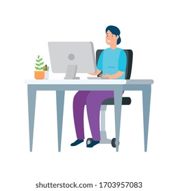 mujer con escritorio y computadora en el lugar de trabajo diseño de ilustraciones vectoriales