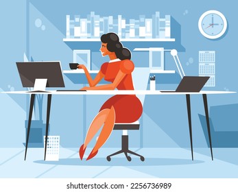Woman at the desk is drinking coffee. Businesswoman in the workplace. Vector graphics