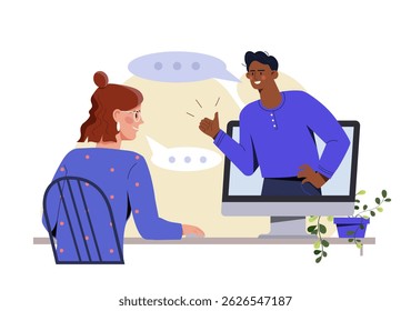 Mulher na mesa se engajando em um bate-papo virtual com homem que aparece a partir de tela de computador, estilo de design plano, fundo branco, conceito de comunicação remota. Ilustração vetorial