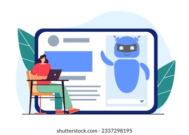 Woman at desk and huge tablet with chatbot vector illustration. Cartoon drawing of girl talking to online robot via computer. Communication, technology, AI, assistance concept