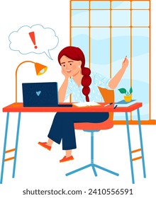 Woman at desk with laptop has sudden idea, raises finger, speech bubble with exclamation mark. Remote work and inspiration concept vector illustration.