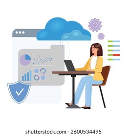 Woman at desk with laptop, surrounded by data storage symbols. Cloud, security, and storage icons visible