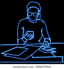 Woman at Desk Surrounded by Piles of Papers and a Calculator, Reflecting Precision, Analysis, and Efficiency in Business Oriented Tasks icon neon glow vector illustration concept