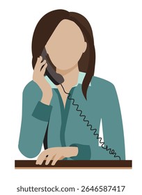 Woman at a desk, talking on a landline phone, faceless. Wears a comfortable cardigan with straight hair. The setting could be an office or reception area. This illustration conveys approachability.