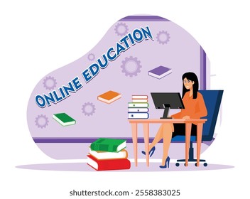 A woman at a desk using a computer, emphasizing online learning and education with books and gears symbolizing knowledge and technology. Flat vector modern illustration 